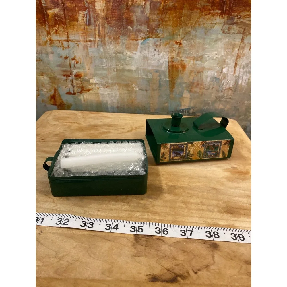 Vintage Green Metal Candle Holder Storage Tin Box Rustic Lodge Bear Nature Print